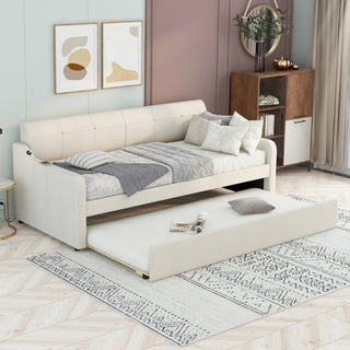 Gewnee Twin Upholstered Daybeds with Trundle and USB Charging,Beige
