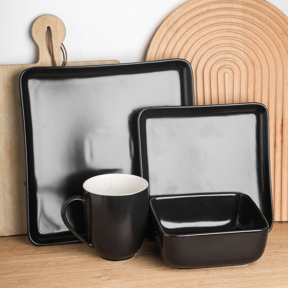 Stone Lain Amy Porcelain Plates and Bowls Sets, 24 Piece Dinnerware Set, Black