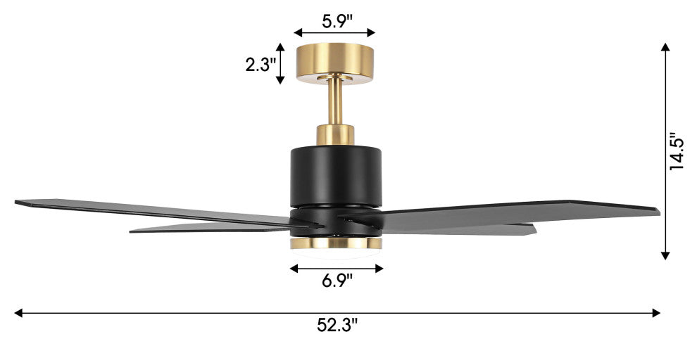 52 in. LED Matte Black and Gold Ceiling Fan with DC Reversible Motor