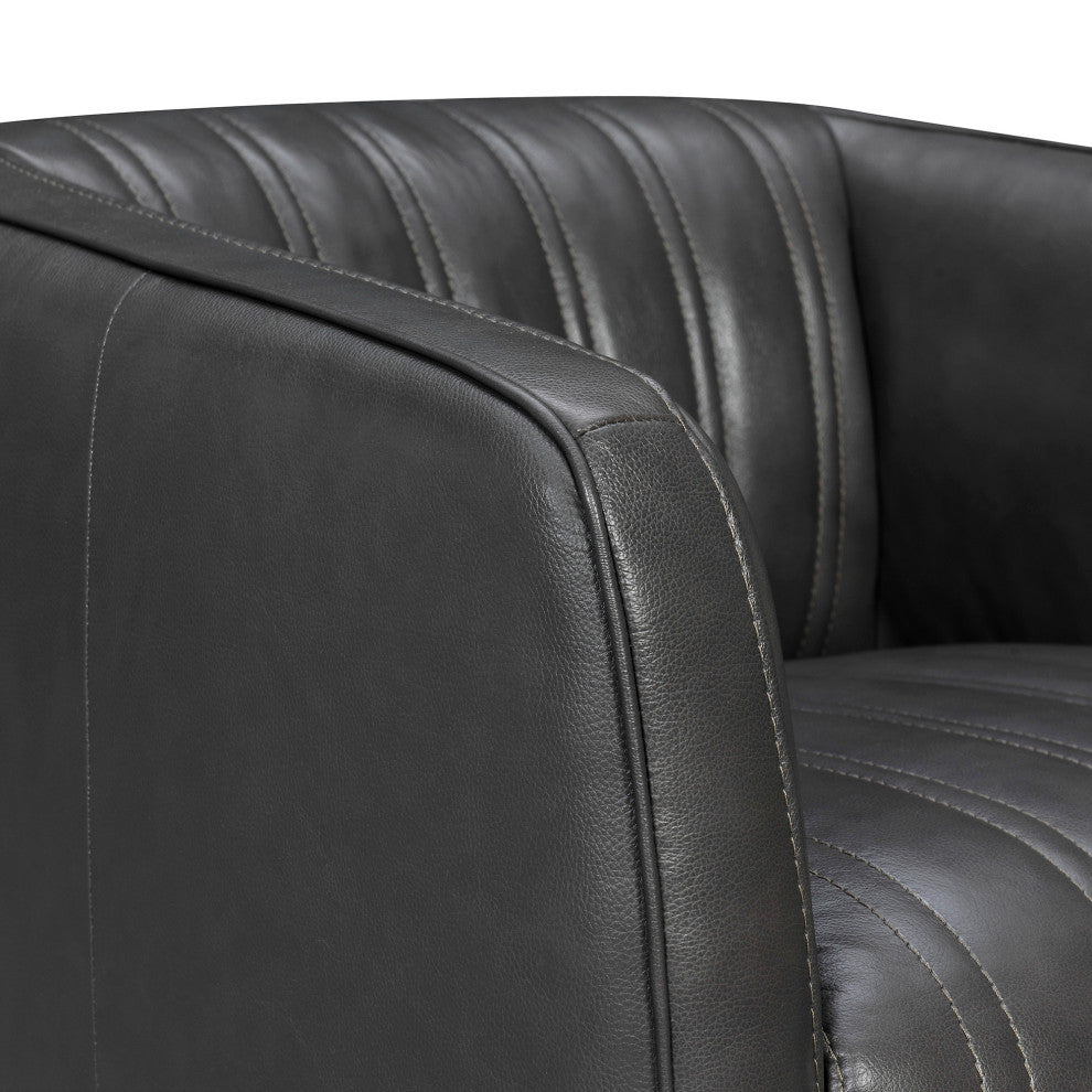 Aries Leather 45-Degree Return Swivel Barrel Chair, Pewter
