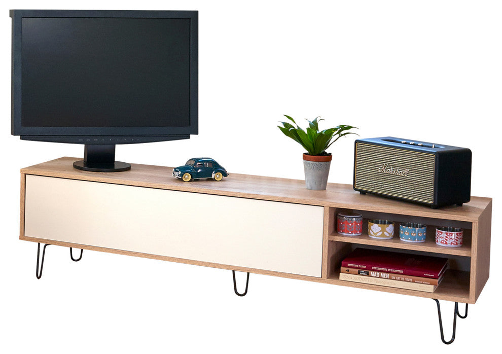 Modern Low Tv Stand Cabinet Metal Leg, Natural Oak/White