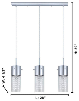 3x60W Multi Light Pendant, Chrome Finish & Clear Glass, Crystal Strands