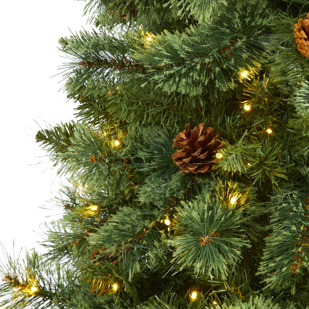 7' White Mountain Pine Faux Xmas Tree With 400 Clear LED Lights and Pine Cones