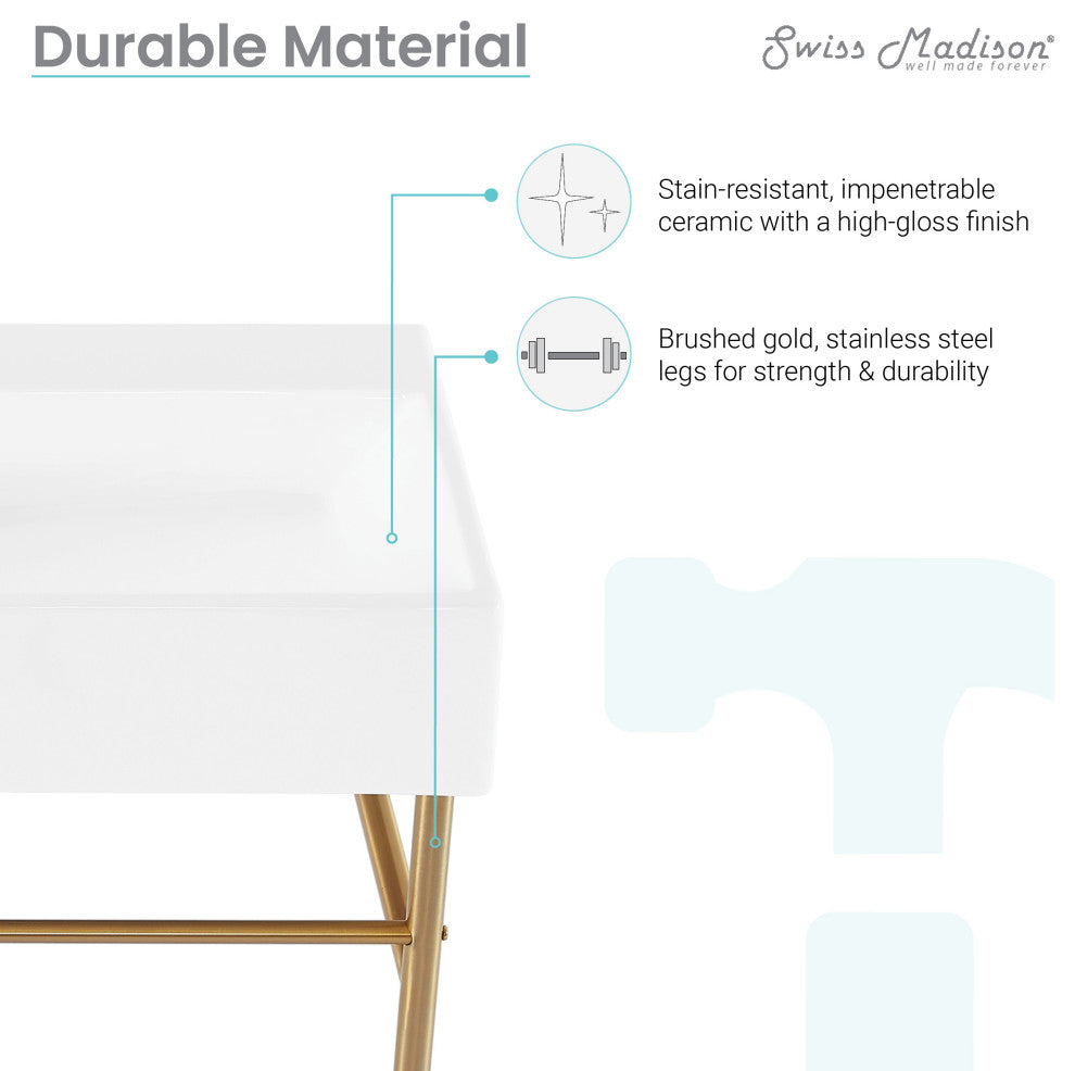 Claire 30" Ceramic Console Sink White Basin Gold Legs, Brushed Gold