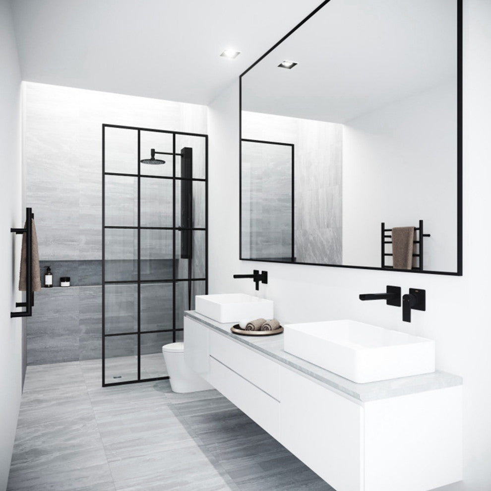 VIGO Mosaic Framed Fixed, Matte Black, Shower Screen, 34" W X 74" H, Clear Glass