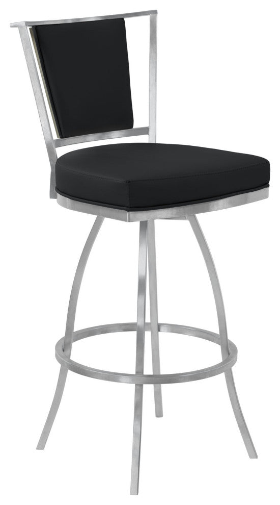 Delhi 30" Bar Height Metal Swivel Barstool in Black Faux Leather