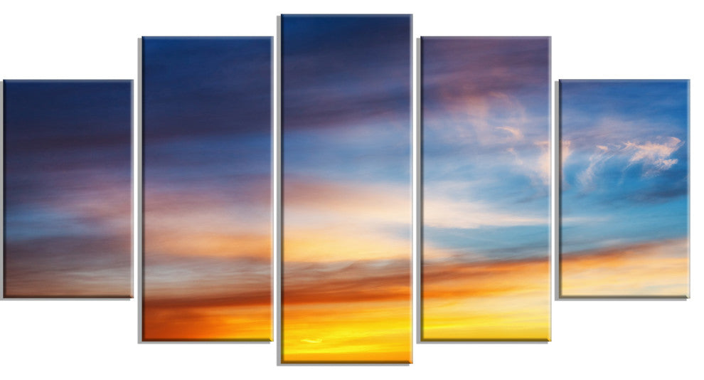 Sunset Dramatic Yellow Sky Clouds, Seashore Canvas Print, 60"x32", 5 Panels