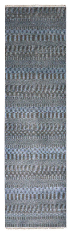 Ruddy Blue Hand Knotted Grass Design Dyed Wool and Silk Runner Rug, 2'7"x9'6"