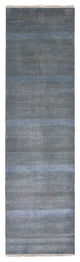 Ruddy Blue Hand Knotted Grass Design Dyed Wool and Silk Runner Rug, 2'7"x9'6"