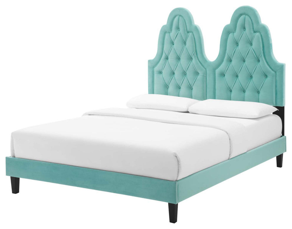 Tufted Platform Bed Frame, Twin Size, Velvet, Blue, Modern Contemporary, Bedroom