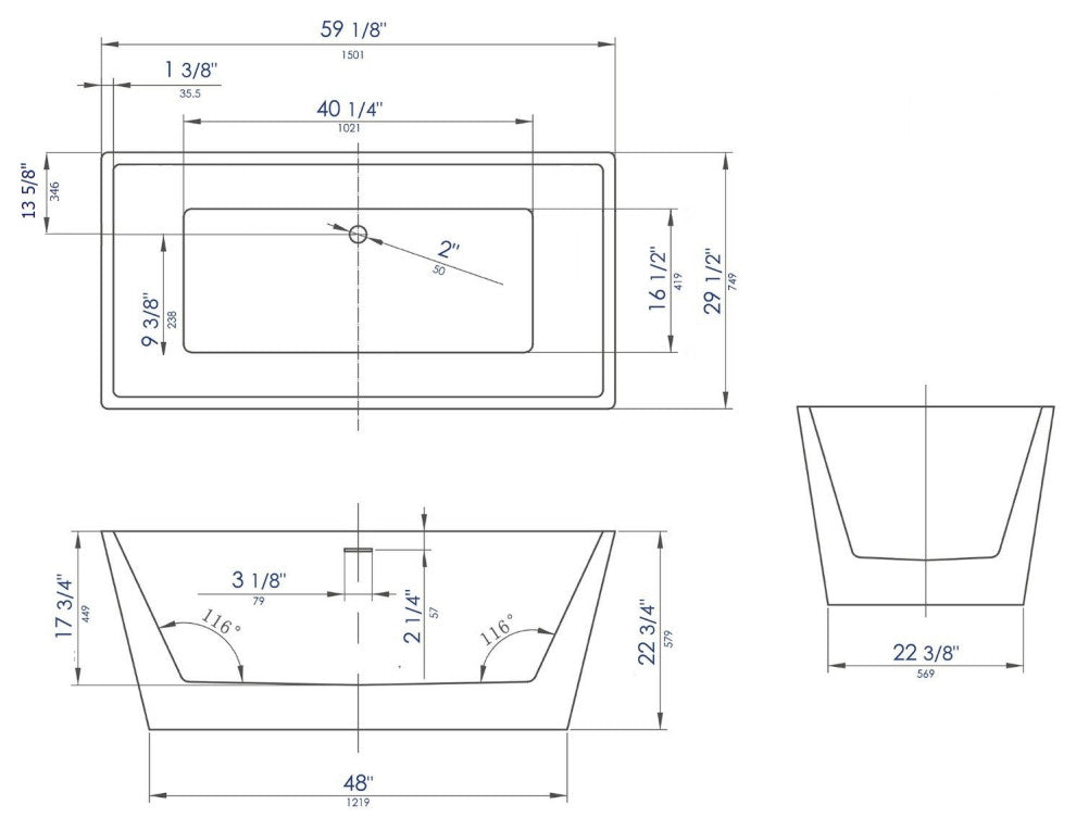 ALFI brand AB8833 59 Inch White Rectangular Free Standing Soaking Bathtub