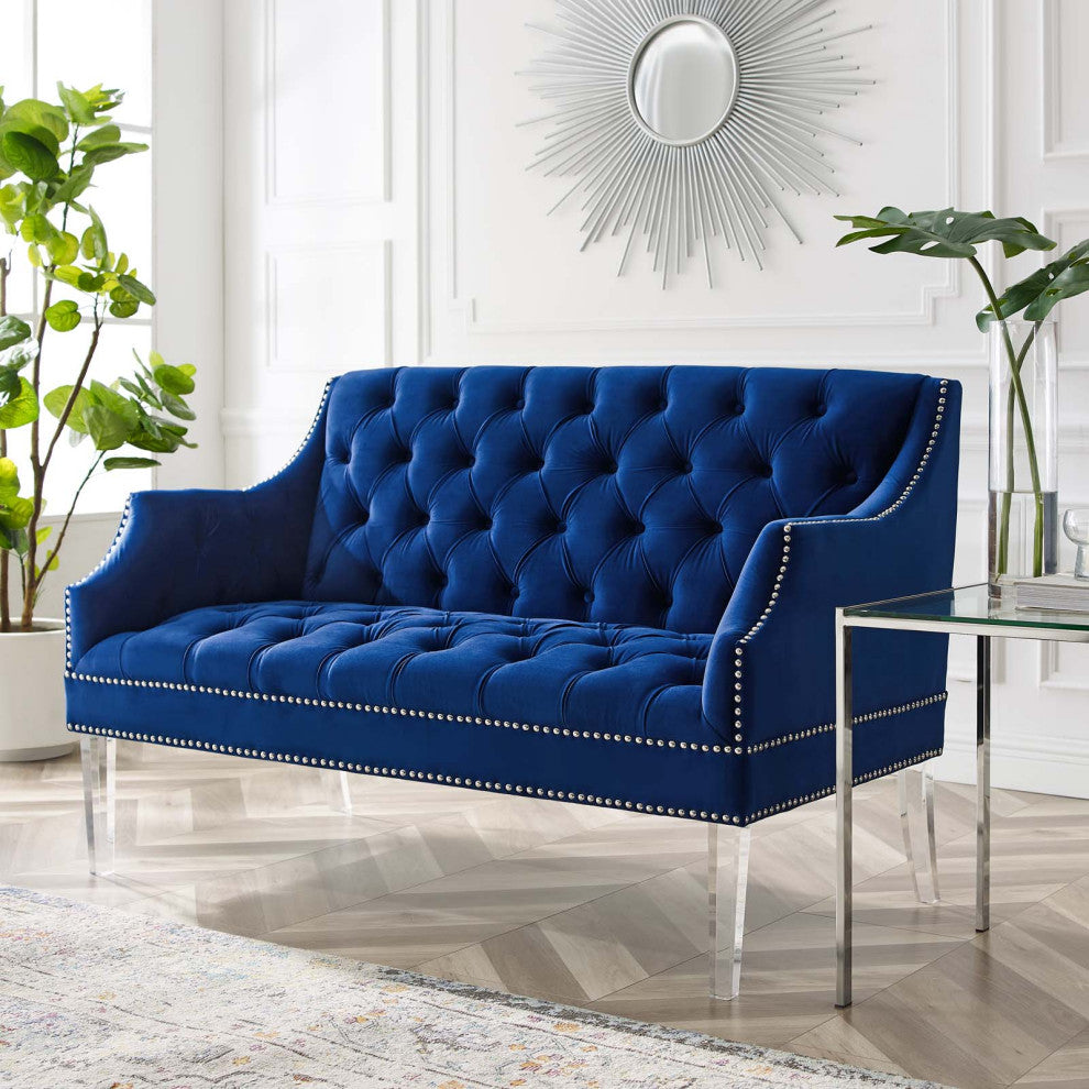 Tufted Loveseat Sofa, Velvet, Blue Navy, Modern, Living Lounge Hotel Hospitality