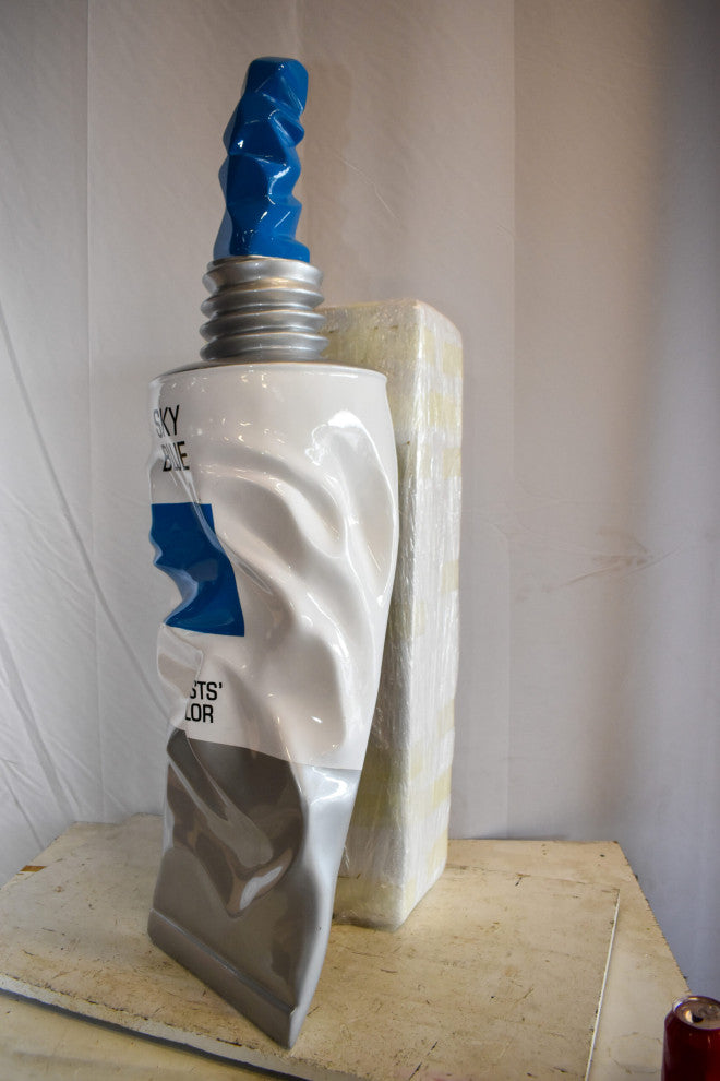 Oversized Wall Mounted Sky Blue Paint Tube Squezed Resin Statue 10" x 12" x 44