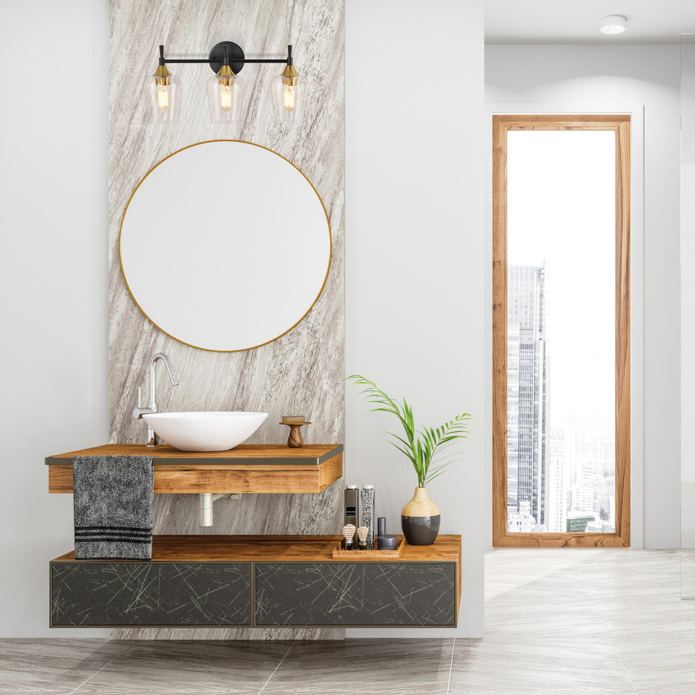 21 in. 3-Light Black and Antique Brass Vanity Light With Clear Wine Glass Shades