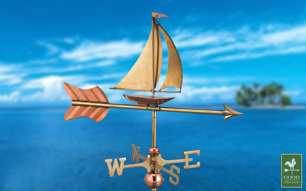 Polished Copper Sailboat Weathervane, Garden Pole