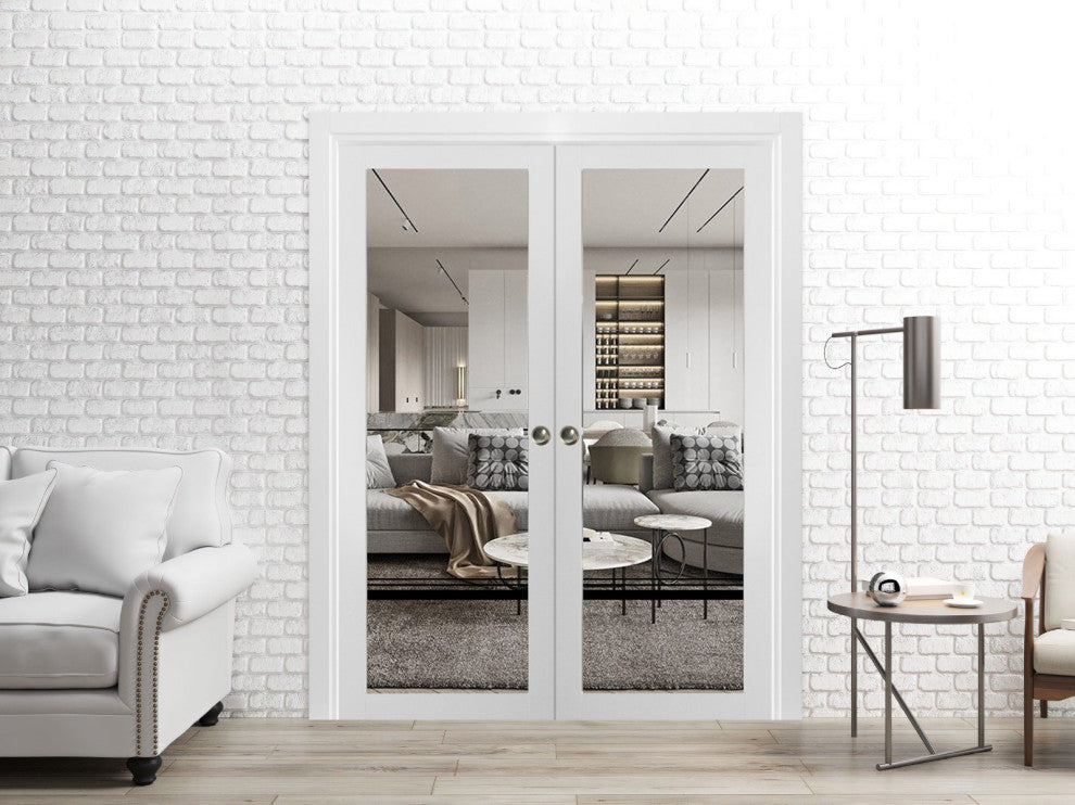 French Double Pocket Doors 48x84 | Lucia 2666 White Silk | Kit Trims Rail