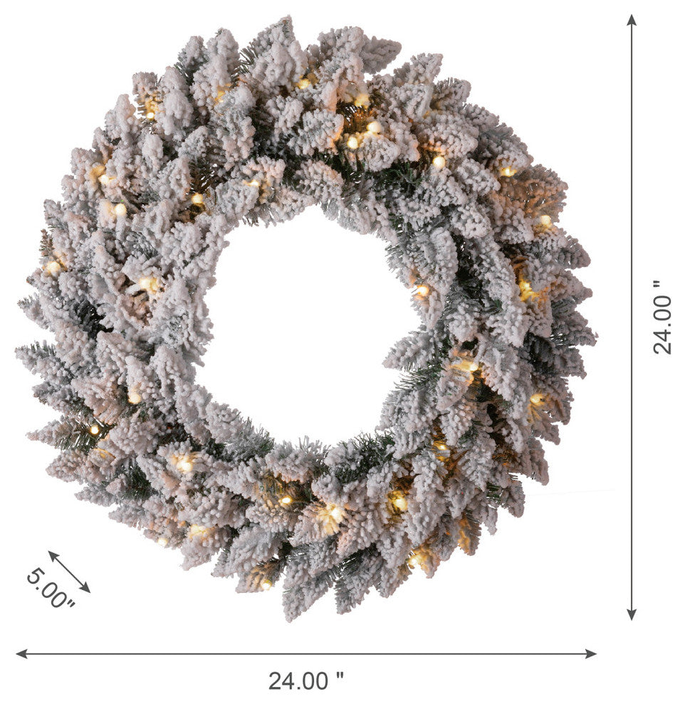 24" Pre-Lit Snow Flocked Wreath and 9' Garland Set, 3-Piece Set