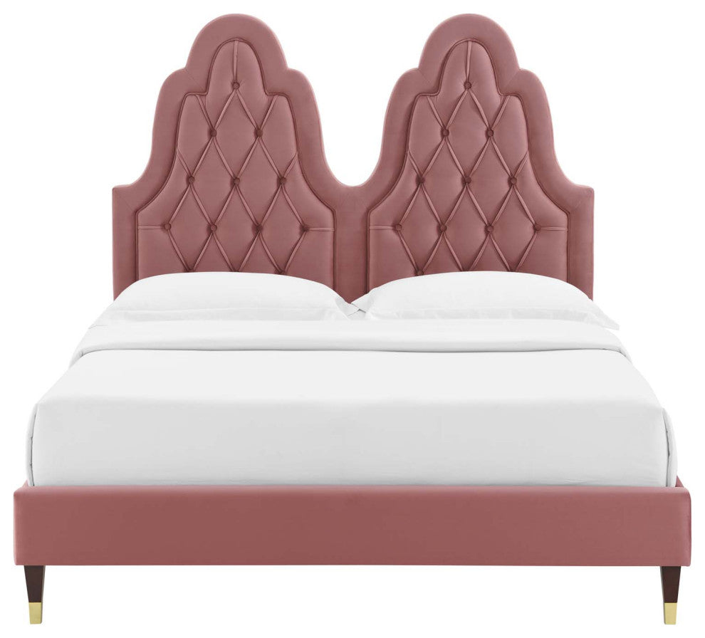 Tufted Platform Bed Frame, Twin Size, Velvet, Pink, Modern Contemporary, Bedroom