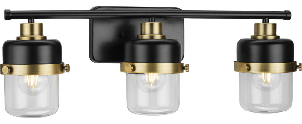 Beckner 3-Light Matte Black Clear Glass Bath Light With Vintage Brass Accents