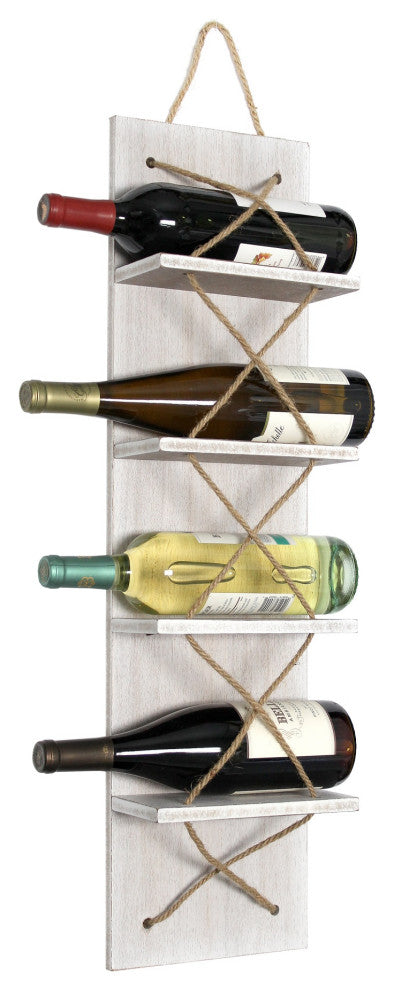 Positano Nautical Rope 4 Bottle Vertical Wall Mounted Wood Wine Rack, White Wash