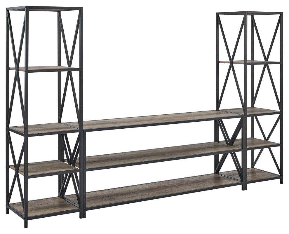 3-Piece Storage Wall with 60" X Console - Slate Grey/Black Metal