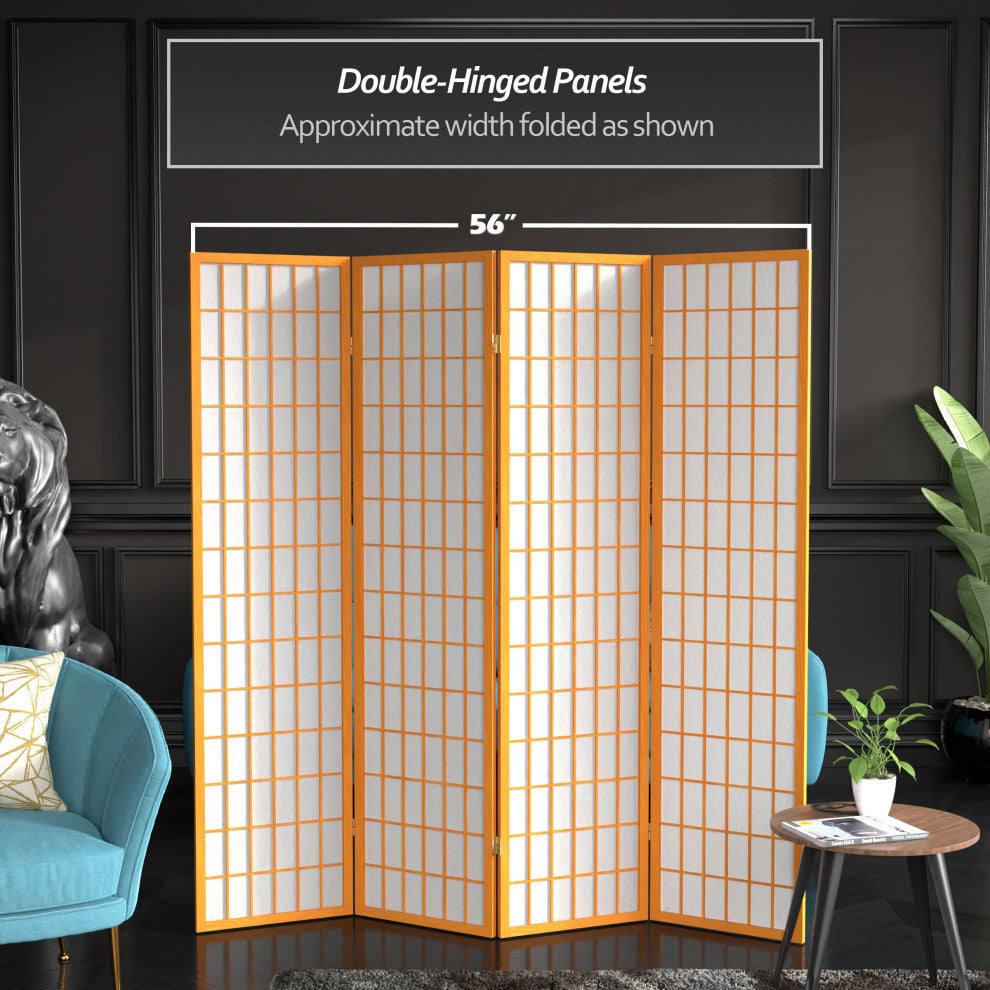 6' Tall Window Pane Shoji Screen, Honey, 4 Panels