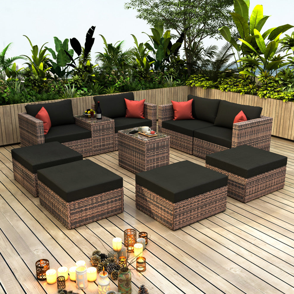 10-Pieces Wide Outdoor Wicker Reversible Patio Sectional With Cushions