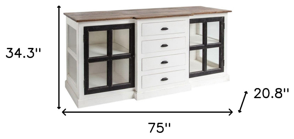 75" Brown and White Solid Wood Four Drawer Sideboard With 2-Glass Doors