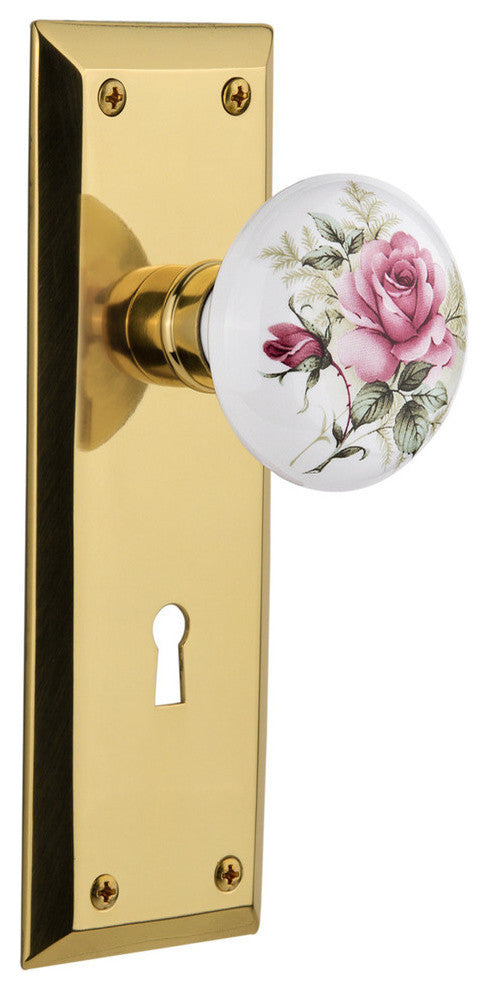 Single New York Plate With Rose Porcelain Knob, Polished Brass
