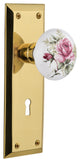 Single New York Plate With Rose Porcelain Knob, Polished Brass