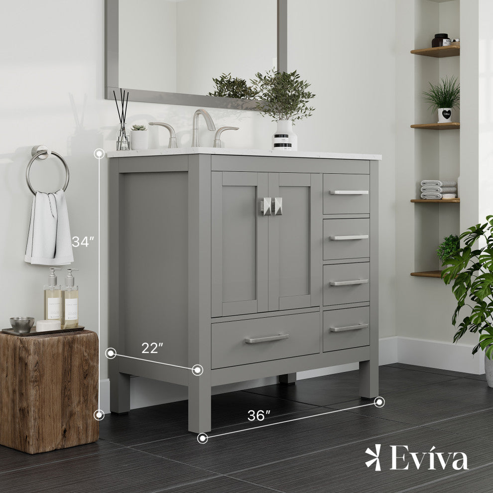 Eviva Aberdeen 36" Transitional Gray Vanity White Carrera Top and Square Sink