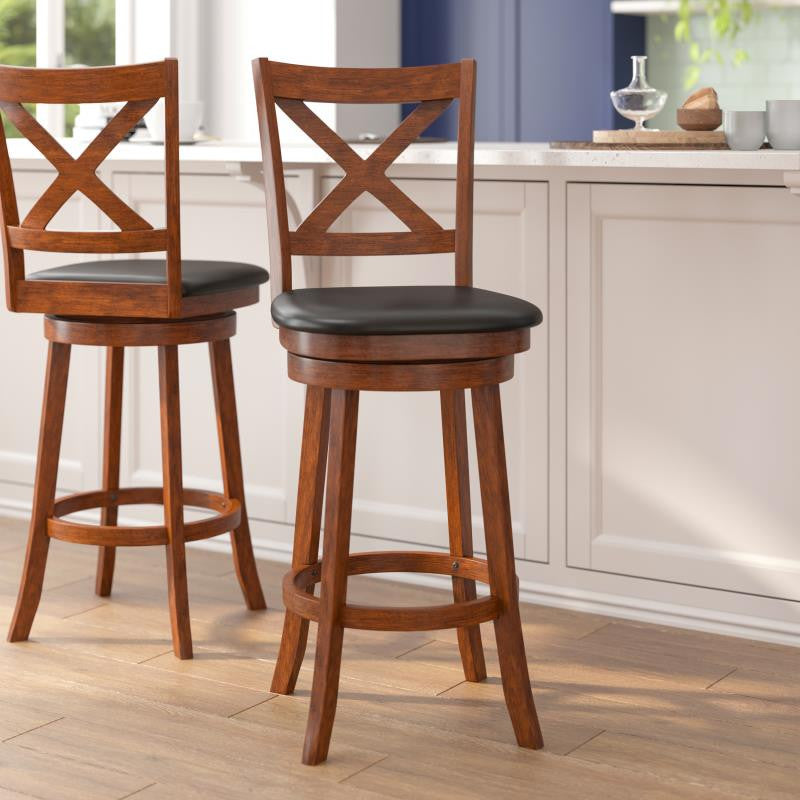 Felicity Wood Crossback Swivel Bar Height Barstool with Upholstered Seat, Black Vinyl/Antique Oak Frame