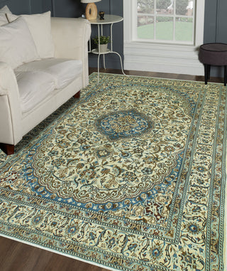 Super Vintage Distressed Hasma Ivory/Blue Rug, 6'4 x 9'6