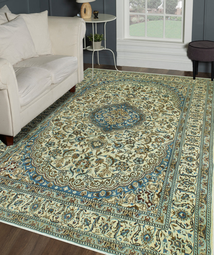 Super Vintage Distressed Hasma Ivory/Blue Rug, 6'4 x 9'6