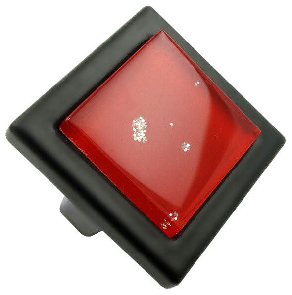 Red Iridescent Nova Crystal Glass Black Metal Square Manor Knob