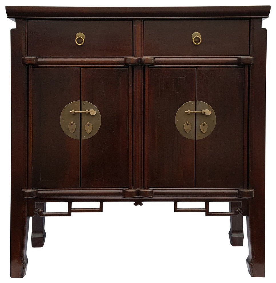 Asian Four Door Buffet With Key Carving, Dark Walnut