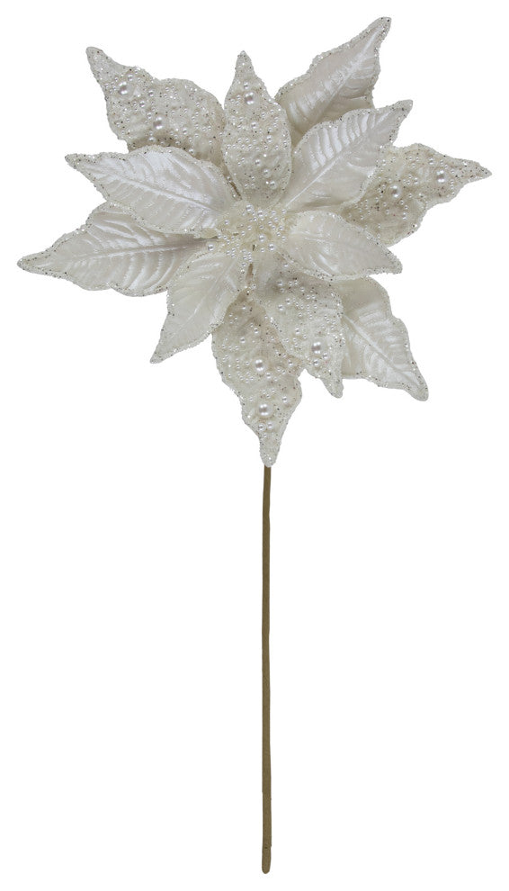 22" Pearl White Glittered Poinsettia Christmas Pick With Pearl Accents