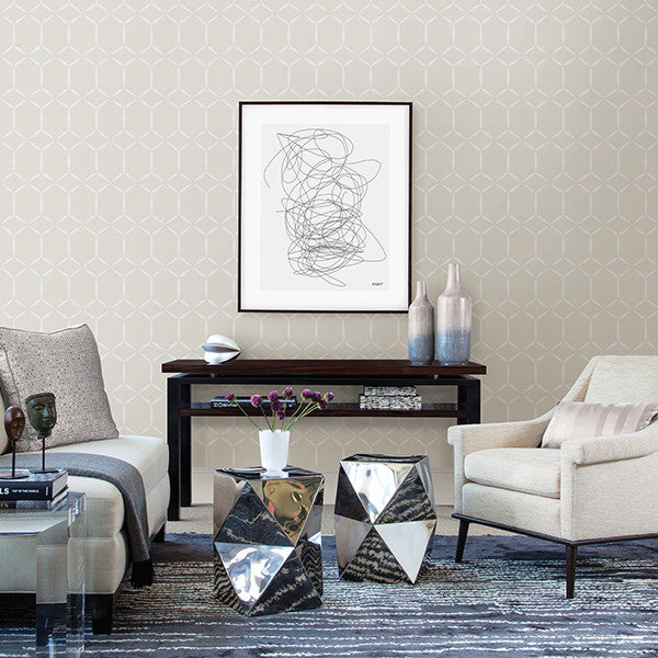Fusion Geometric  Wallpaper, White on Taupe, Sample
