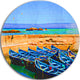 Blue Boats In Sea, Seascape Painting Round Wall Art, 23"