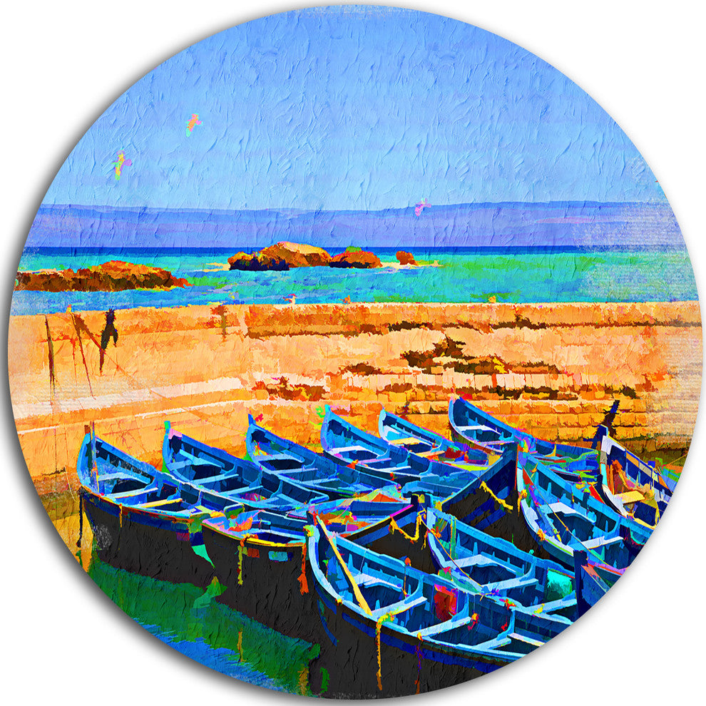 Blue Boats In Sea, Seascape Painting Round Wall Art, 23"