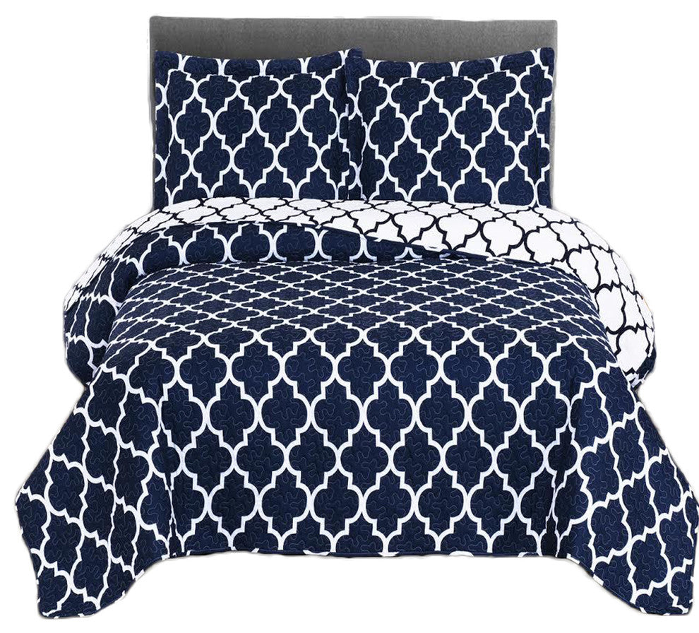 Meridian Oversized Reversible Printed Coverlet Set, Navy and White, Full/Queen