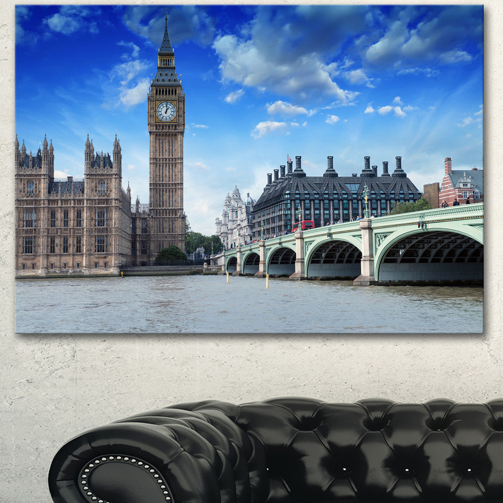 Houses of Parliament and Westminster Bridge, Cityscape Canvas Art Print, 60"x28"