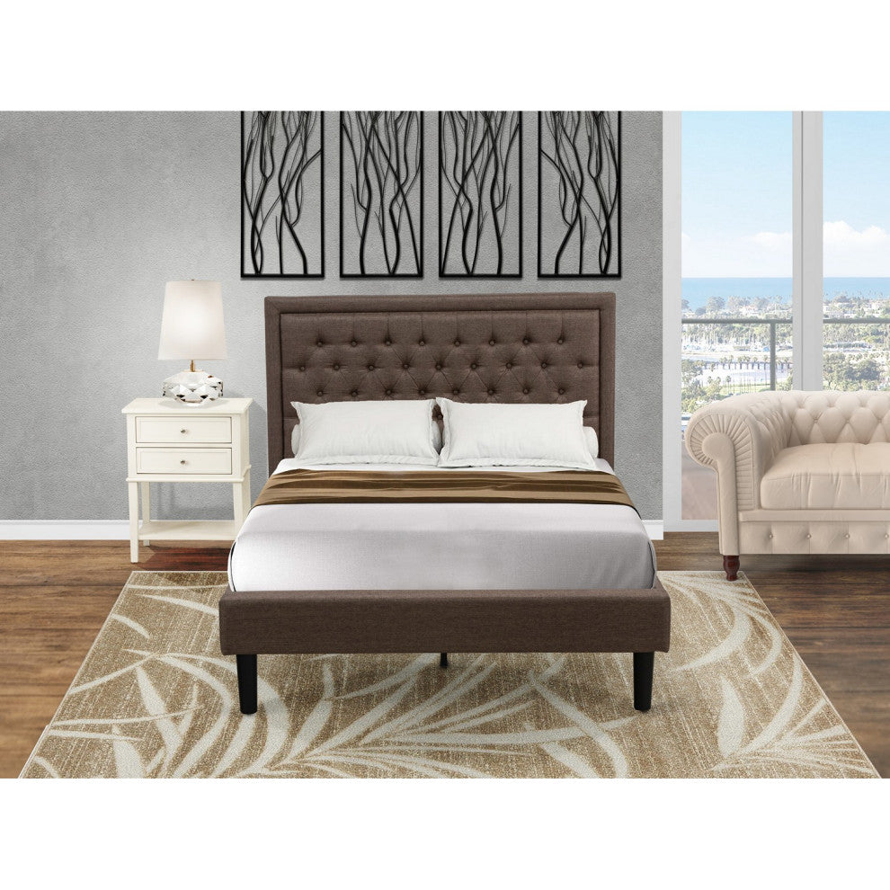 2Pc Full Bed Set, 1 Full Size Bed Frame Brown Padded, 1 Night Stand, Black Legs