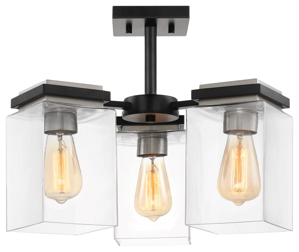 Crossroads 3-Light Semi-Flush Fixture, Matte Black With Clear Glass