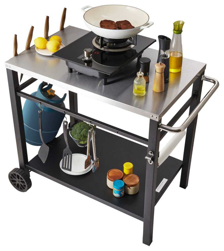 VEVOR Outdoor Grill Dining Cart Double-Shelf BBQ Movable Food Prep Trolley Patio