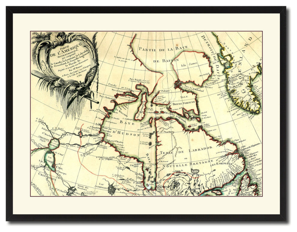 North East Canada & Greenland Map Print On Canvas With Picture Frame 28" X 37"