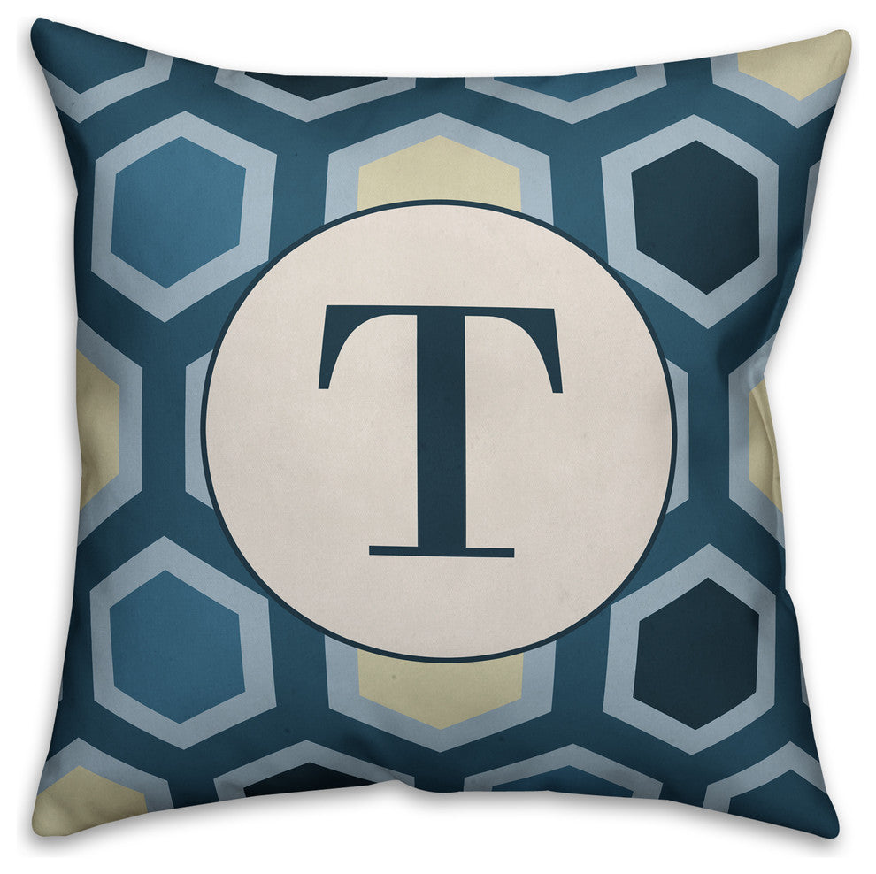 T Blue Hexagon Monogram Spun Poly Pillow, 18x18