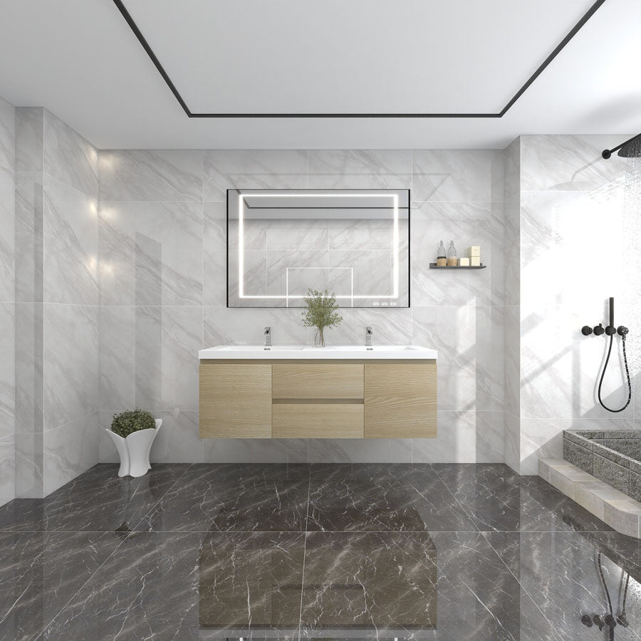 BTO 60" Wall Mounted Bath Vanity With Reinforced Acrylic Sink, Double Sink, White Oak