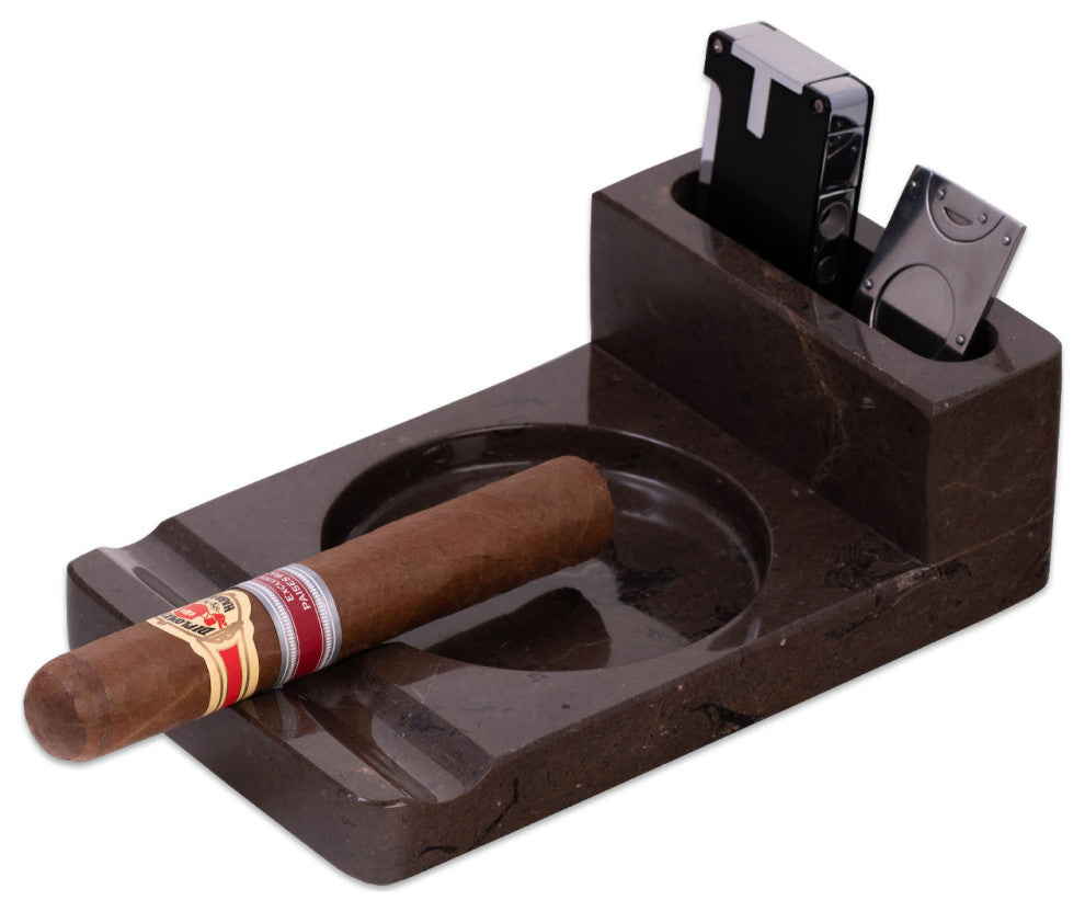 Genuine Marble Cigar Ashtray and Accessory Storage, Brown