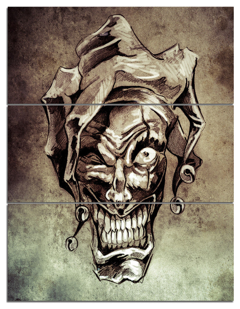 "Fantasy Clown Joker Tattoo Sketch" Digital Metal Wall Art, 3 Panels, 28"x36"